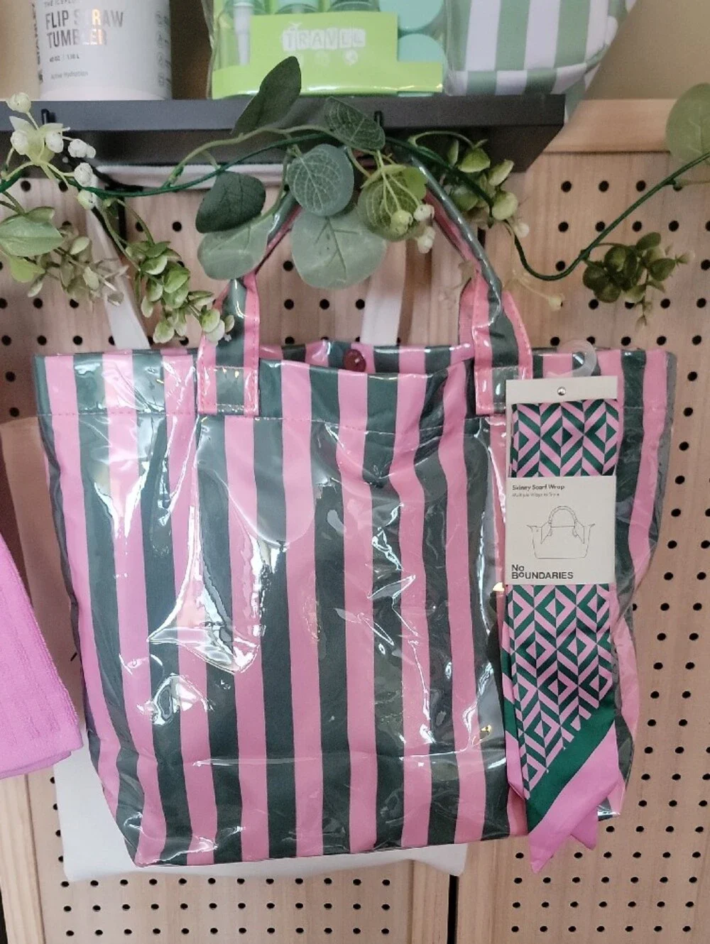GIFT TOTE Pink and Green Striped Tote with Pale Pink Stanley Tumbler Flamingo